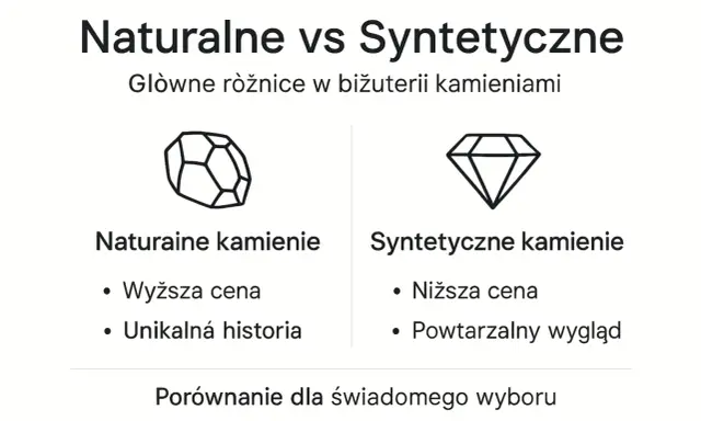 Porównanie naturalnych i syntetycznych kamieni: wyższa cena i unikalna historia vs niższa cena i powtarzalny wygląd.