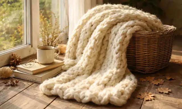 Ciepły koc wykonany techniką arm knitting, leżący obok koszyka, książek i kubka kawy przy oknie.