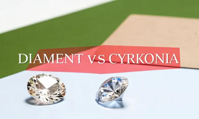 Dwa błyszczące kamienie, jeden przypominający diament, drugi cyrkonię, na tle napisu "DIAMENT VS CYRKONIA". Cyrkon właściwości są porównywane.