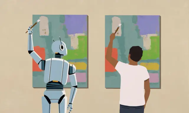 Robot i człowiek tworzą sztukę AI, malując abstrakcyjne obrazy obok siebie.
