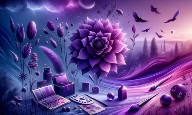 Artystyczna wizja, gdzie znaczenie koloru fioletowego ożywa w magicznym krajobrazie. Fioletowe kwiaty, ptaki i artystyczne przybory tworzą surrealistyczny sen.