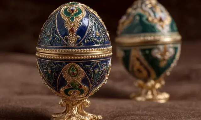 Dwa ozdobne jajka Fabergé, jedno niebieskie, drugie zielone, stoją na złotych podstawkach. Czy to zaginione jajka Fabergé?