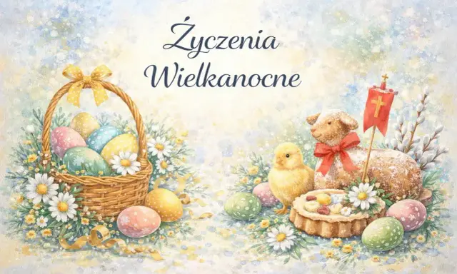 Uroczy szablon życzenia wielkanocne: koszyk z pisankami, baranek, kurczaczek i babeczka.