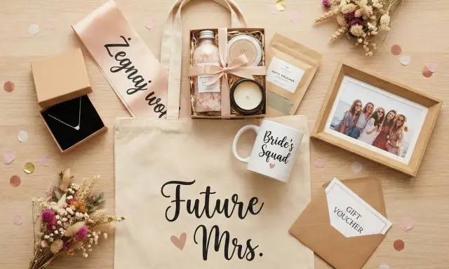 Prezent na wieczór panieński: torba z napisem "Future Mrs.", biżuteria, kosmetyki, zdjęcie i upominki.