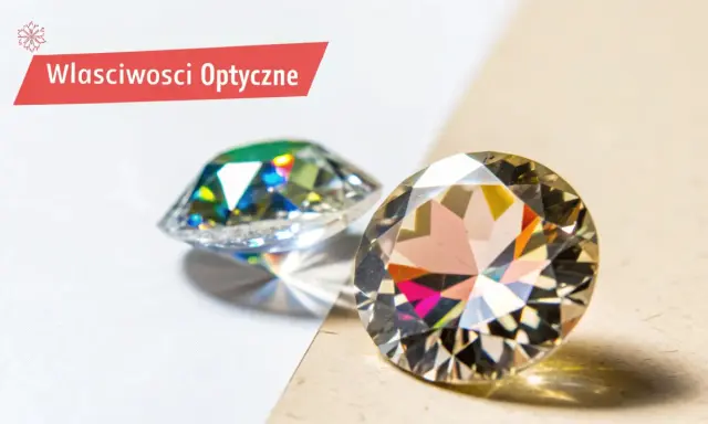 Dwa błyszczące kamienie, jeden z zielonymi refleksami, drugi z tęczowymi. Dowiedz się, czym jest cyrkonia i jakie ma właściwości optyczne.