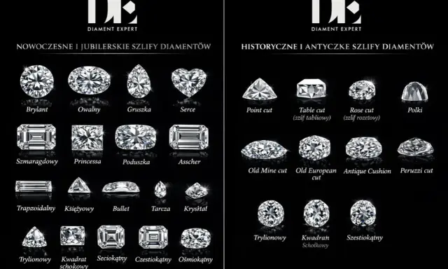 Kolekcja nowoczesnych i historycznych szlifów diamentów, w tym brylant, owalny, serce, szmaragdowy, princessa, point cut, rose cut, old mine cut, antique cushion.