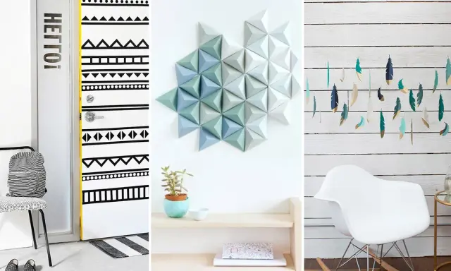Inspirujące pomysły na rękodzieło w domu: ozdobione drzwi, geometryczna dekoracja ścienna i piórkowa girlanda.