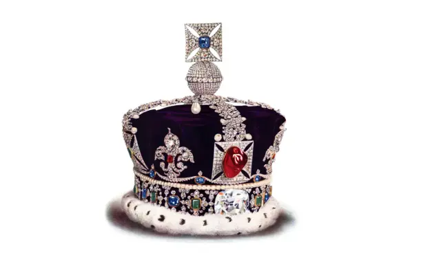 Korona ozdobiona klejnotami, w tym rubinowy spinel, diamenty i szafiry, na aksamitnym tle.