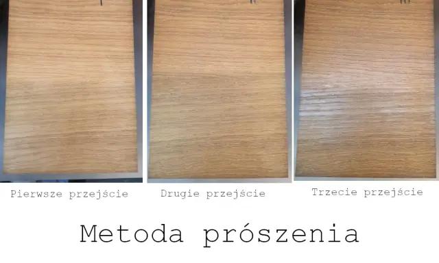 Trzy próbki drewna z różną liczbą warstw bejcy. Pierwsza próbka ma jedną warstwę, druga dwie, a trzecia trzy. Widać, jak bejca stopniowo przyciemnia drewno.