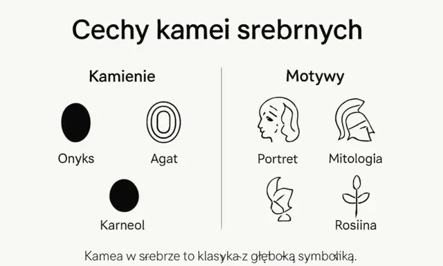 Kamea w srebrze: kamienie (onyks, agat, karneol) i motywy (portret, mitologia, roślina). Klasyka z głęboką symboliką.