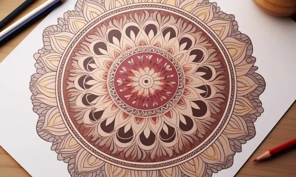Piękna mandala w odcieniach brązu i beżu, z subtelnym akcentem czerwieni. Kolor mandali tworzy harmonijną całość.