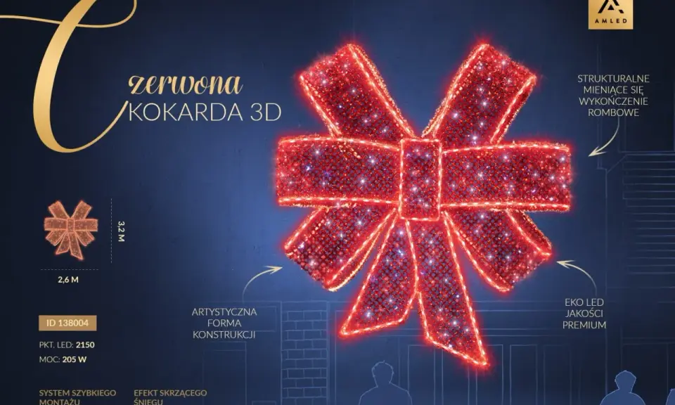 Efektowna, czerwona kokardka 3D z migoczącymi diodami LED, idealna do świątecznych dekoracji.