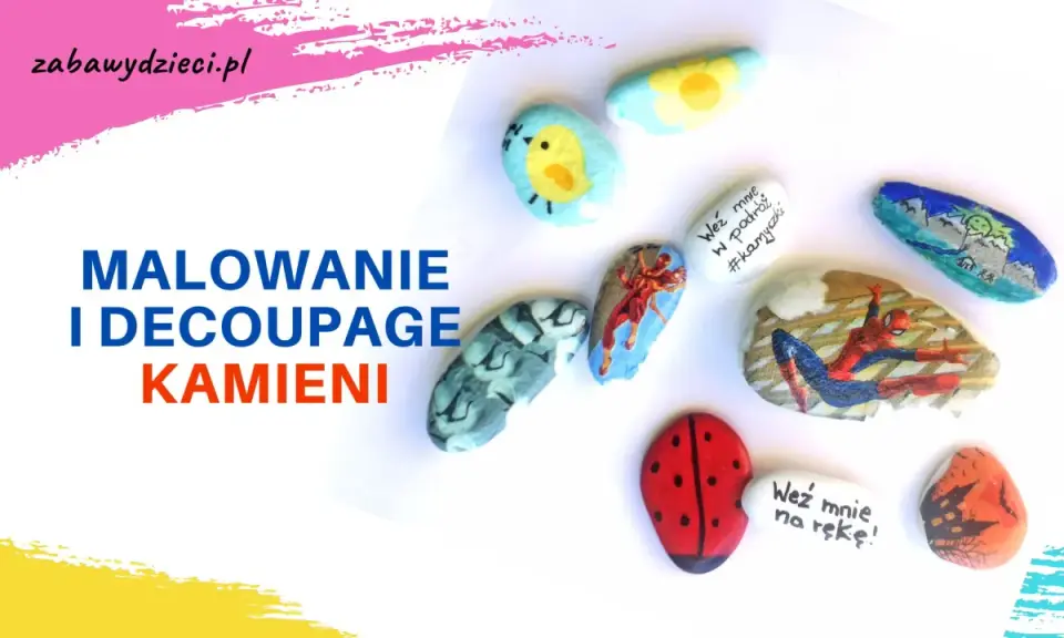 Kolorowe kamienie ozdobione malowaniem i techniką decoupage: biedronka, Spiderman, ptaszek, kwiatki i krajobrazy.