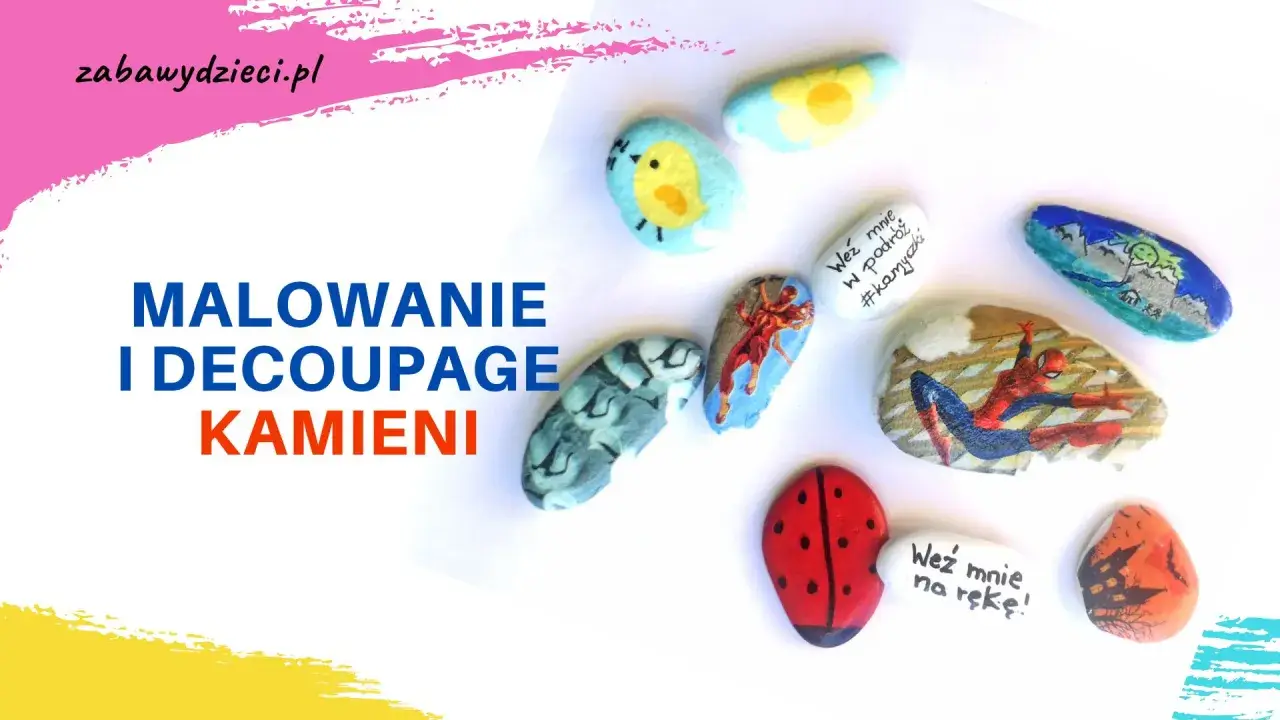 Kolorowe kamienie ozdobione malowaniem i techniką decoupage: biedronka, Spiderman, ptaszek, kwiatki i krajobrazy.