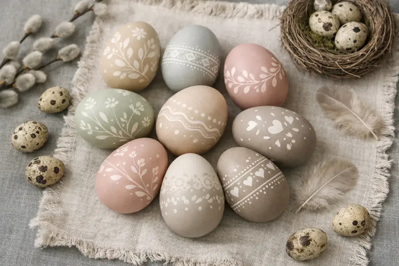 Delikatne wzory na jajka wielkanocne: kwiaty, serca i geometryczne ornamenty na pastelowych jajkach. Obok pisanki i bazie.