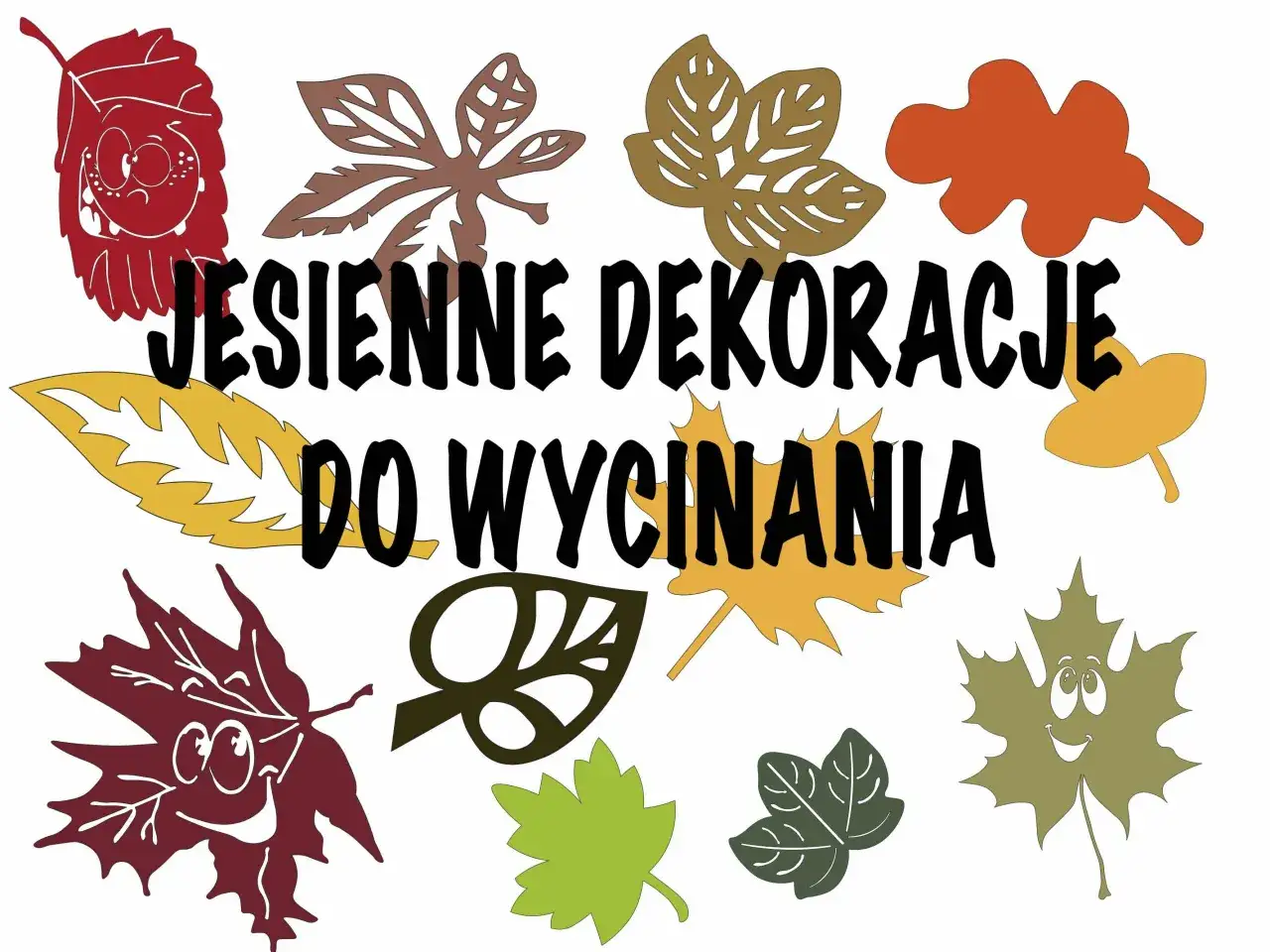 Wesołe jesienne szablony do wycinania: liście z buźkami, w różnych kolorach i kształtach.