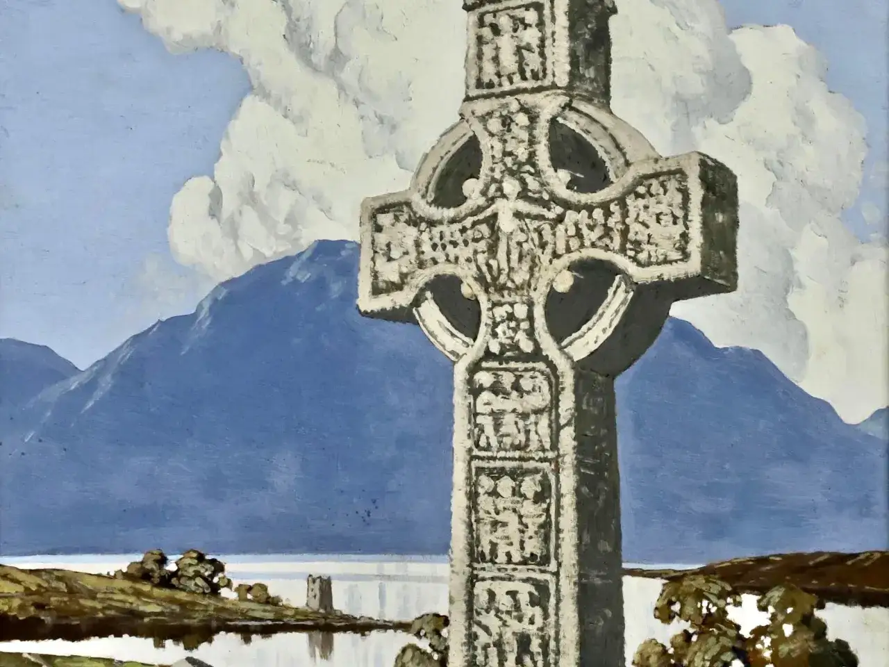 Kamienny krzyż celtycki, symbol wieczności i połączenia, na tle gór i jeziora. Jego znaczenie tkwi w historii i duchowości.