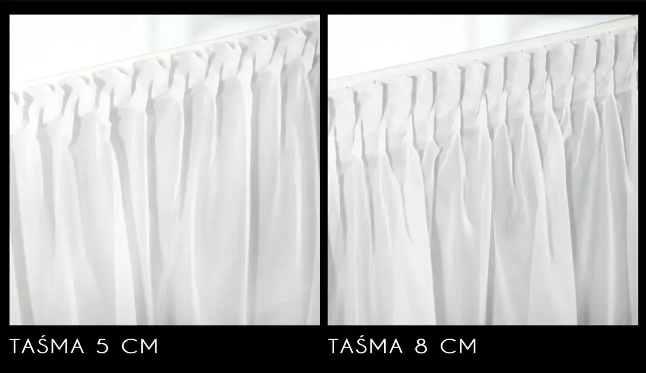 Porównanie taśm marszczących do firan: 5 cm vs 8 cm. Różne rodzaje taśm dają odmienny efekt marszczenia.