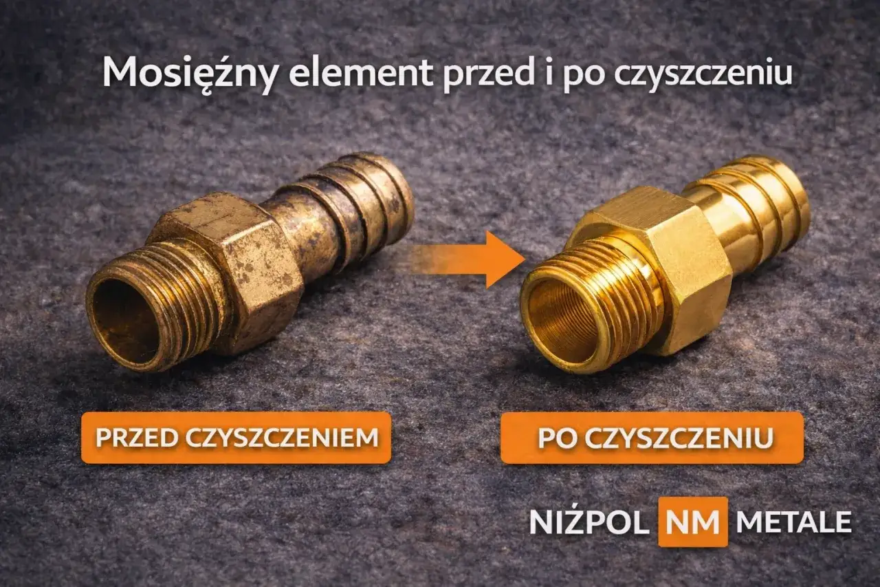 Mosiądz: element przed i po czyszczeniu. Zobacz, jak mosiądz odzyskuje blask dzięki odpowiedniej pielęgnacji.