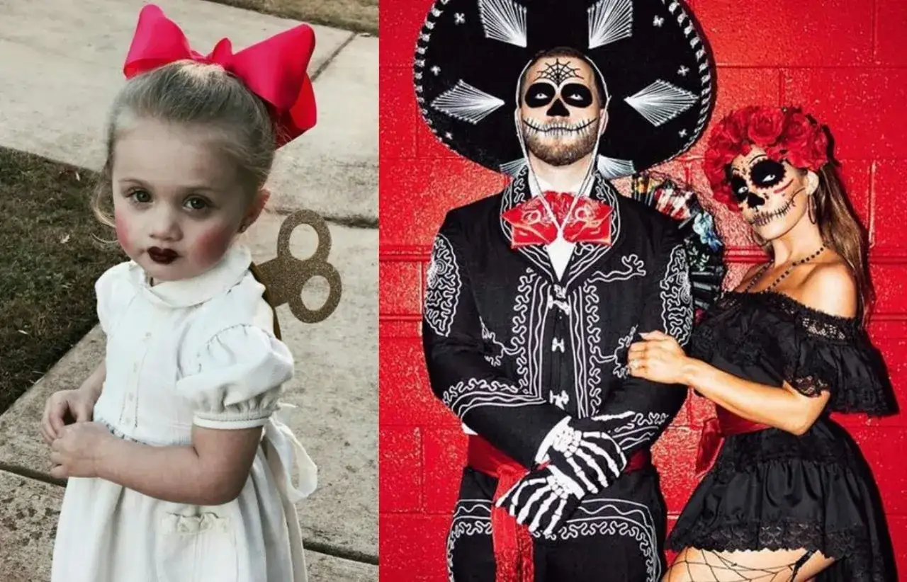 Dziecko jako nakręcana lalka i para w strojach Día de Muertos – świetny pomysł na kostium halloween.
