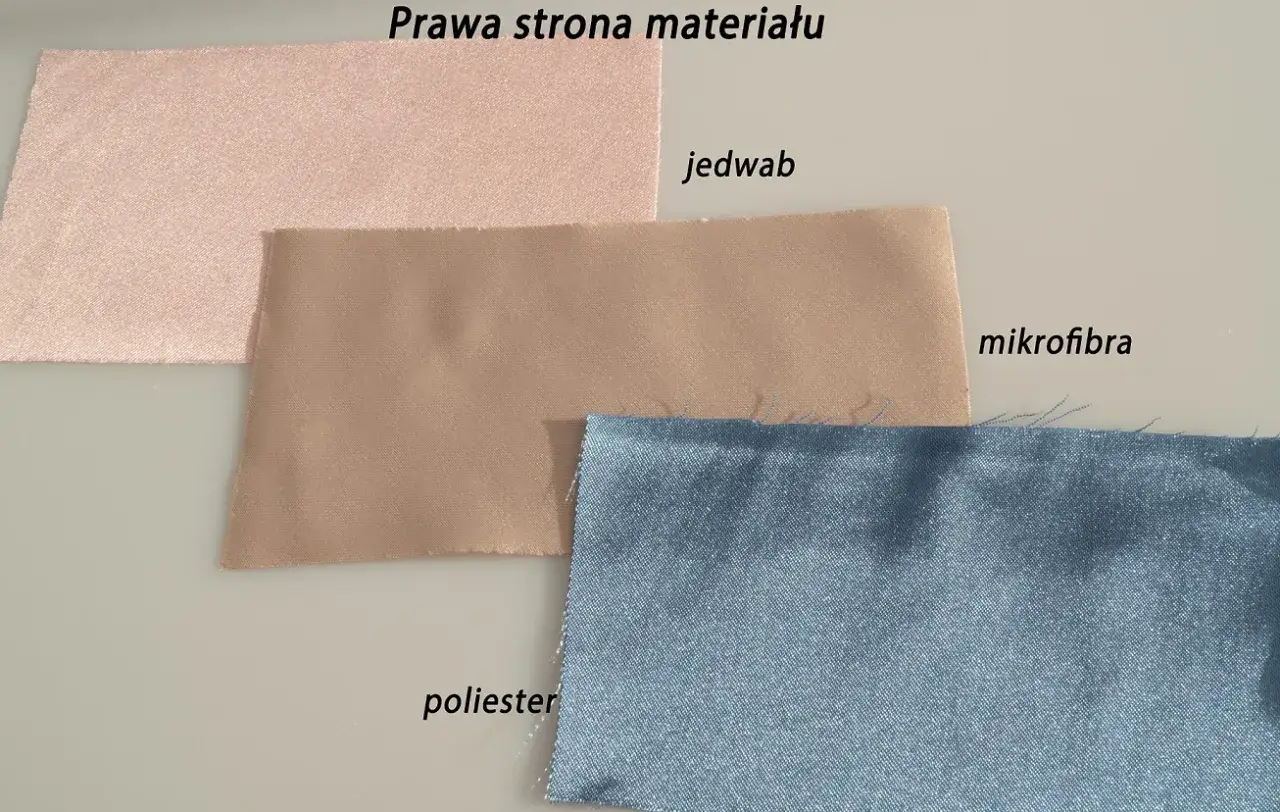 Trzy próbki materiałów: różowy jedwab, beżowa mikrofibra i niebieski poliester.