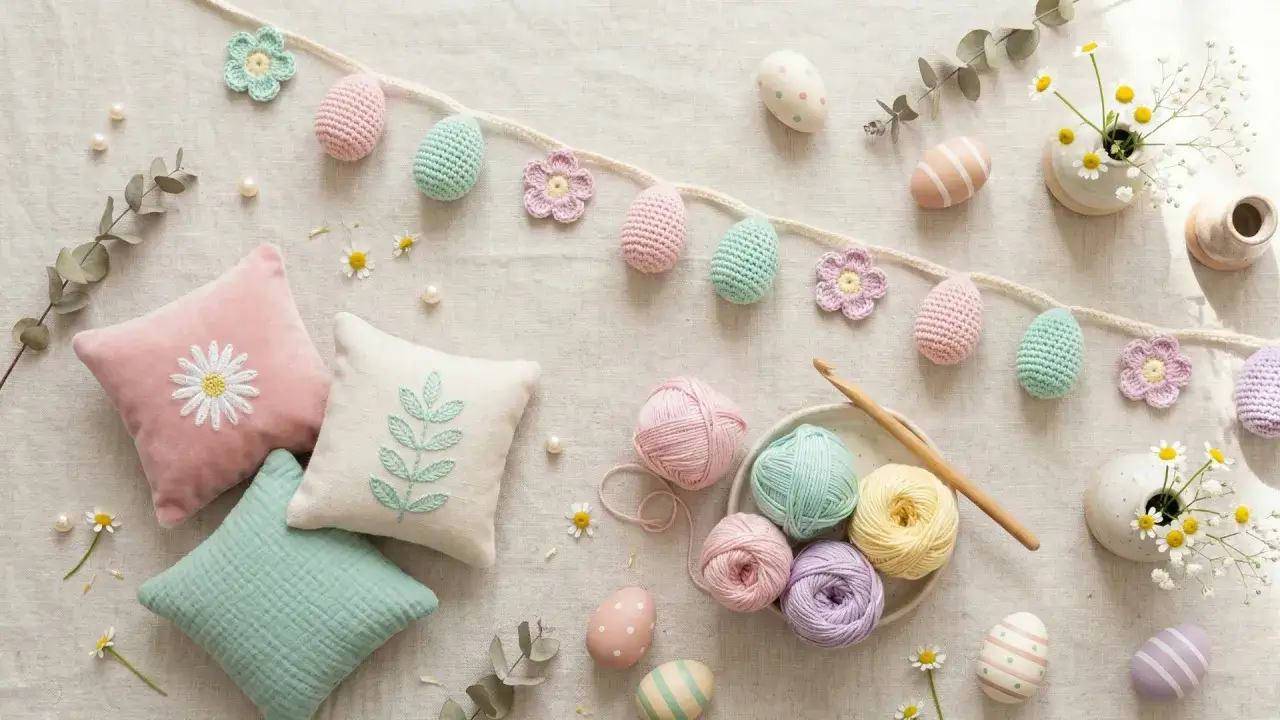 Wielkanocne dekoracje w stylu kawaii: szydełkowe pisanki, kwiatki, poduszeczki i włóczki.