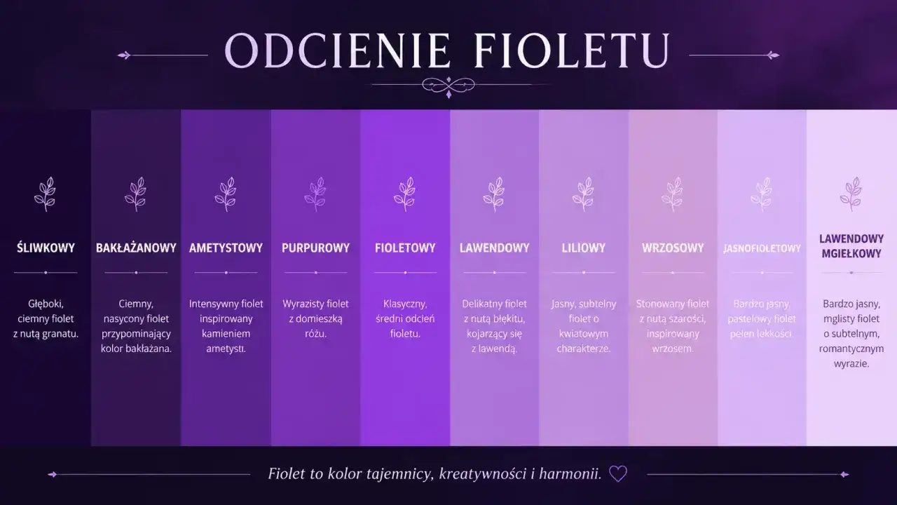 Paleta odcieni fioletu: śliwkowy, bakłażanowy, ametystowy, purpurowy, fioletowy, lawendowy, liliowy, wrzosowy, jasnofioletowy, lawendowy mgiełkowy.