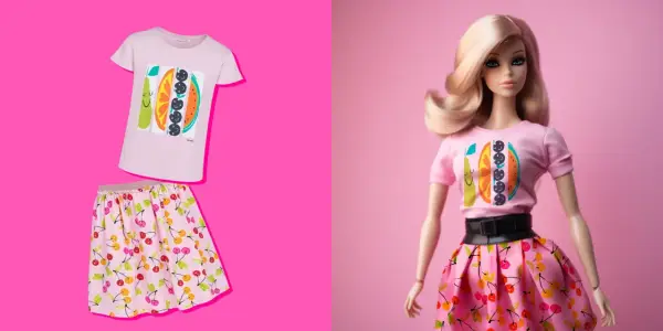 Lalka w stylizacji Barbie w różowym T-shircie z owocowym motywem i spódniczce w wiśnie.