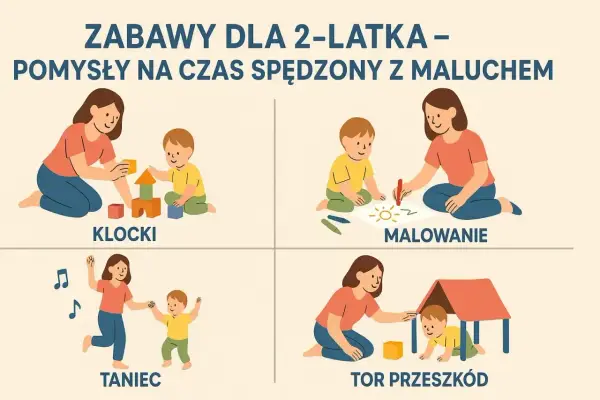 Klocki, malowanie, taniec i tor przeszkód – zabawy, które przynoszą szczęście dwulatkowi i rodzicom.
