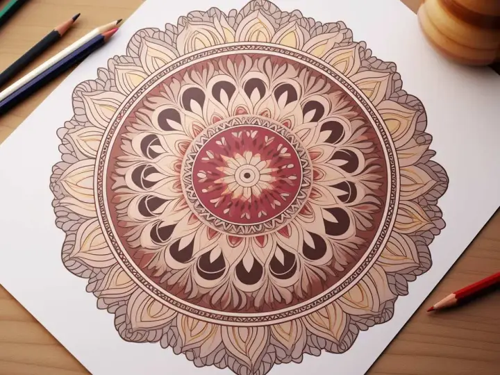 Piękna mandala w odcieniach brązu i beżu, z subtelnym akcentem czerwieni. Kolor mandali tworzy harmonijną całość.