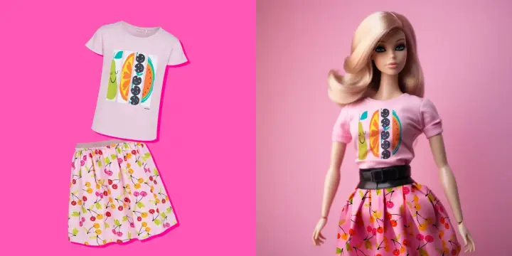 Lalka w stylizacji Barbie w różowym T-shircie z owocowym motywem i spódniczce w wiśnie.